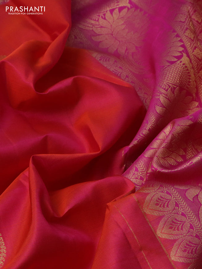 Pure kanchipuram silk saree dual shade of pinkish orange and pink with zari woven buttas and long zari woven border