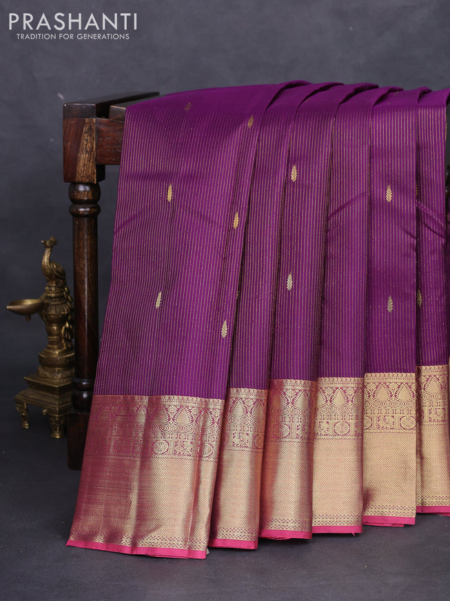 Pure kanchipuram silk saree deep purple and pink with allover zari weaves & buttas and zari woven border