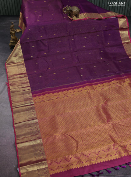 Pure kanchipuram silk saree deep purple and pink with allover zari weaves & buttas and zari woven border