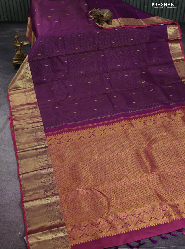 Pure kanchipuram silk saree deep purple and pink with allover zari weaves & buttas and zari woven border