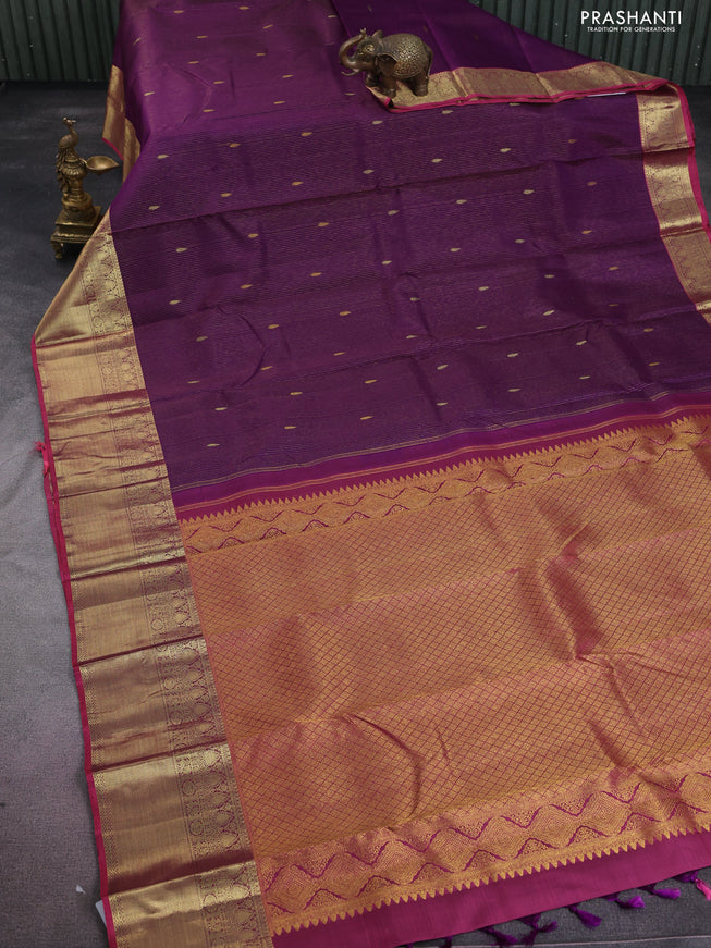 Pure kanchipuram silk saree deep purple and pink with allover zari weaves & buttas and zari woven border