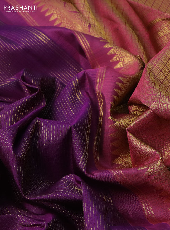 Pure kanchipuram silk saree deep purple and pink with allover zari weaves & buttas and zari woven border
