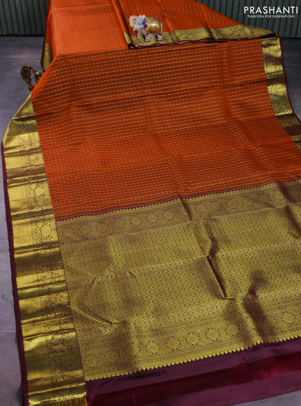 Pure kanchipuram silk saree orange and wine shade with allover zari weaves and zari woven border