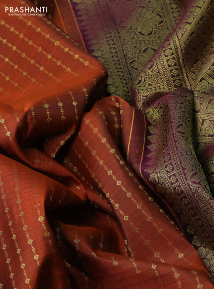 Pure kanchipuram silk saree orange and wine shade with allover zari weaves and zari woven border