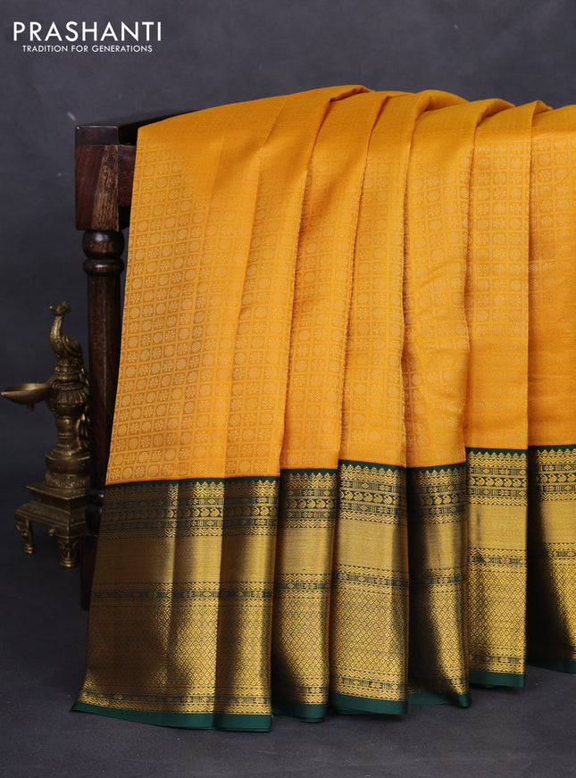 Pure kanchipuram silk saree mango yellow and green with allover zari checks & 1000 buttas and zari woven korvai border