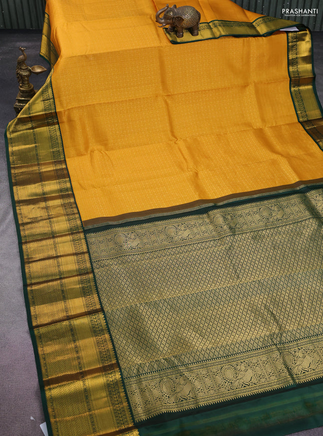 Pure kanchipuram silk saree mango yellow and green with allover zari checks & 1000 buttas and zari woven korvai border