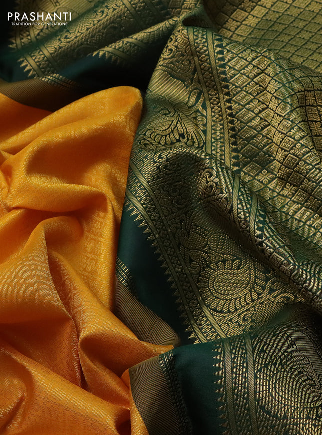 Pure kanchipuram silk saree mango yellow and green with allover zari checks & 1000 buttas and zari woven korvai border