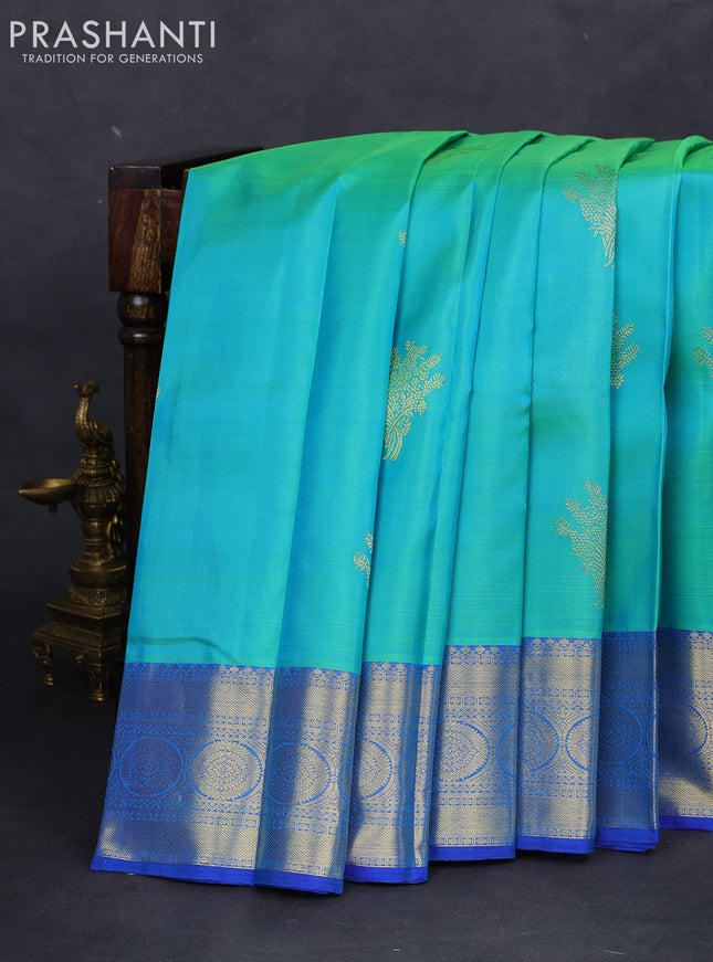 Pure kanchipuram silk saree teal green and blue with zari woven buttas and zari woven border