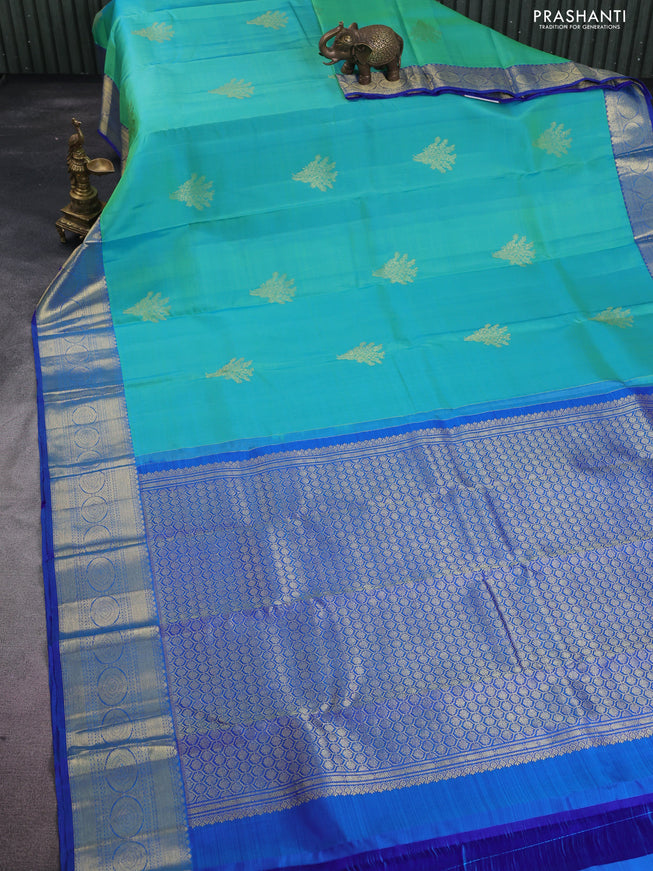 Pure kanchipuram silk saree teal green and blue with zari woven buttas and zari woven border