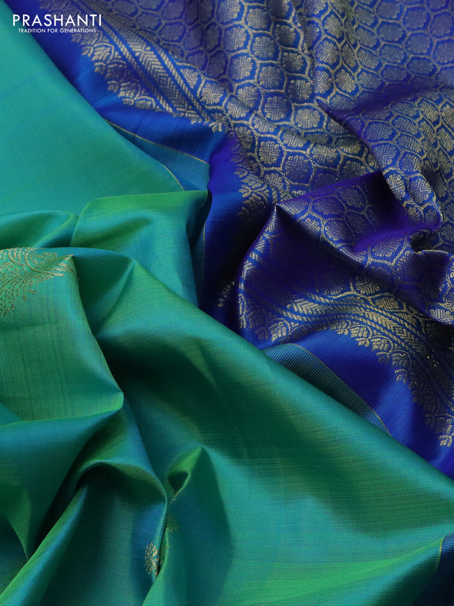 Pure kanchipuram silk saree teal green and blue with zari woven buttas and zari woven border