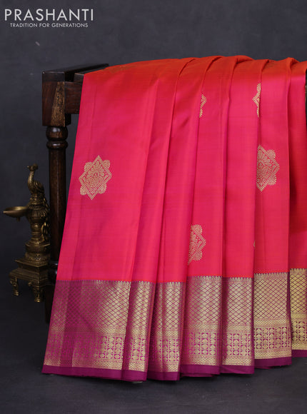 Pure kanchipuram silk saree dual shade of pinkish orange and purple with zari woven buttas and zari woven border