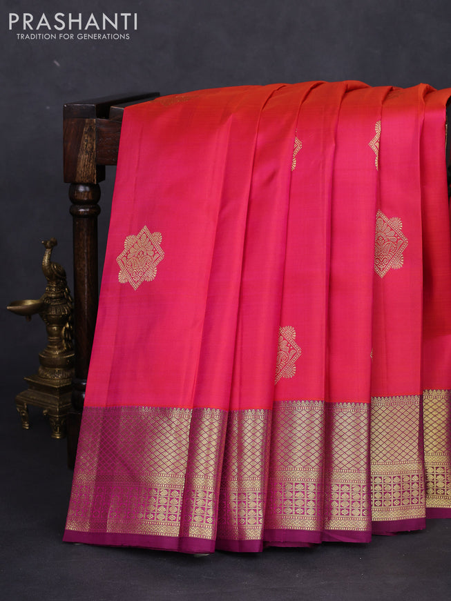 Pure kanchipuram silk saree dual shade of pinkish orange and purple with zari woven buttas and zari woven border