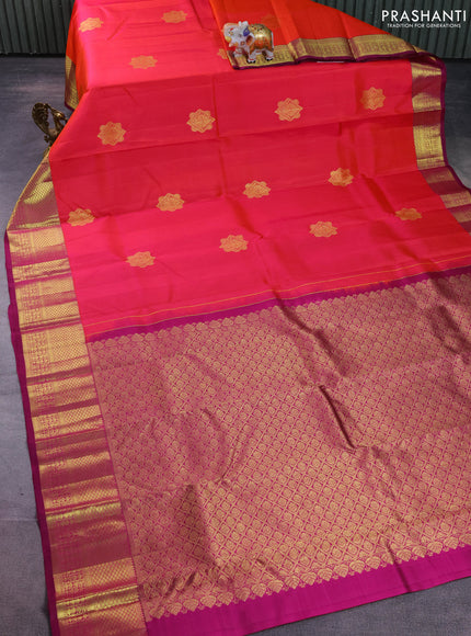 Pure kanchipuram silk saree dual shade of pinkish orange and purple with zari woven buttas and zari woven border