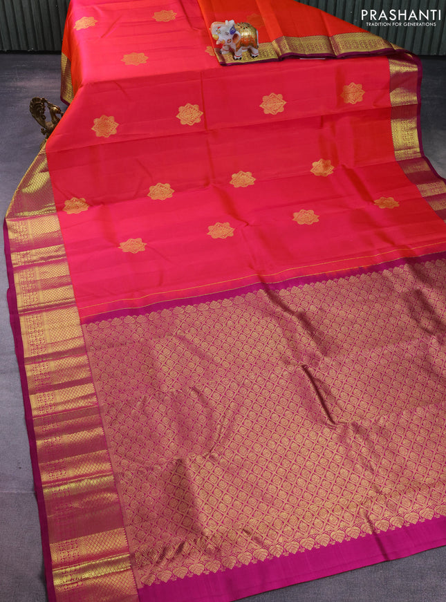 Pure kanchipuram silk saree dual shade of pinkish orange and purple with zari woven buttas and zari woven border