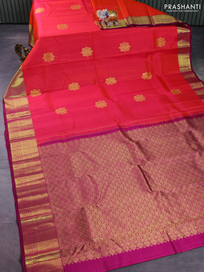 Pure kanchipuram silk saree dual shade of pinkish orange and purple with zari woven buttas and zari woven border