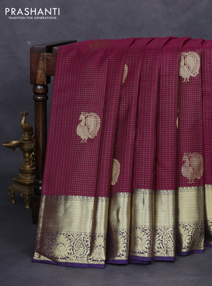 Pure kanchipuram silk saree dark magenta pink and navy blue with allover zari checks & annam buttas and zari woven border