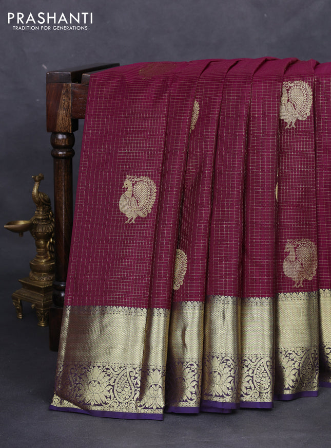 Pure kanchipuram silk saree dark magenta pink and navy blue with allover zari checks & annam buttas and zari woven border