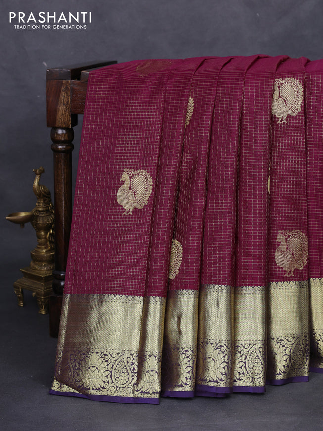 Pure kanchipuram silk saree dark magenta pink and navy blue with allover zari checks & annam buttas and zari woven border