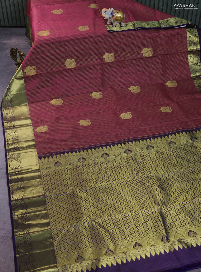 Pure kanchipuram silk saree dark magenta pink and navy blue with allover zari checks & annam buttas and zari woven border