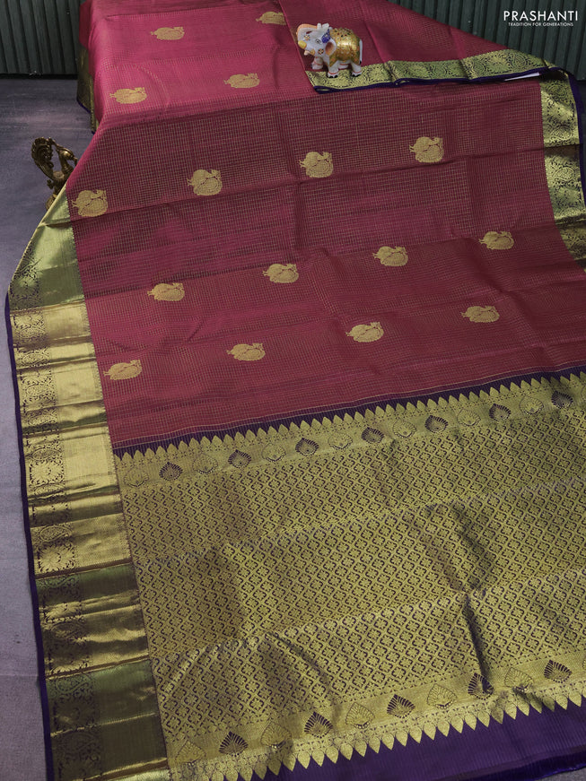 Pure kanchipuram silk saree dark magenta pink and navy blue with allover zari checks & annam buttas and zari woven border