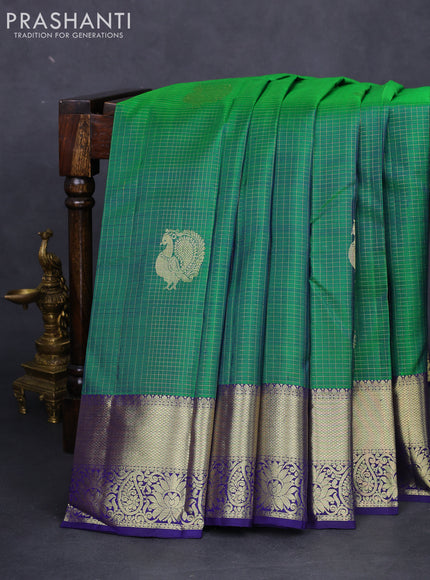 Pure kanchipuram silk saree green and navy blue with allover zari checks & buttas and zari woven border
