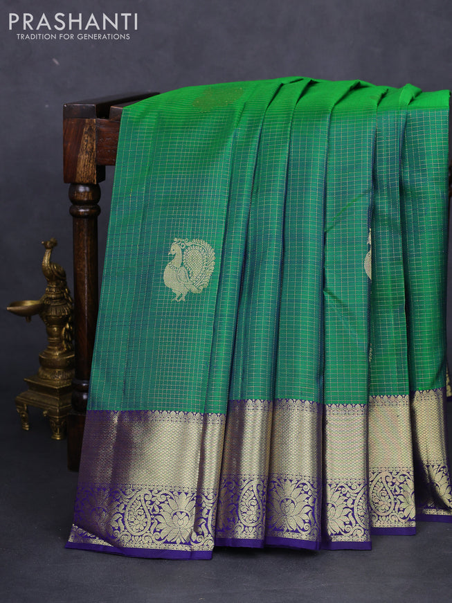 Pure kanchipuram silk saree green and navy blue with allover zari checks & buttas and zari woven border