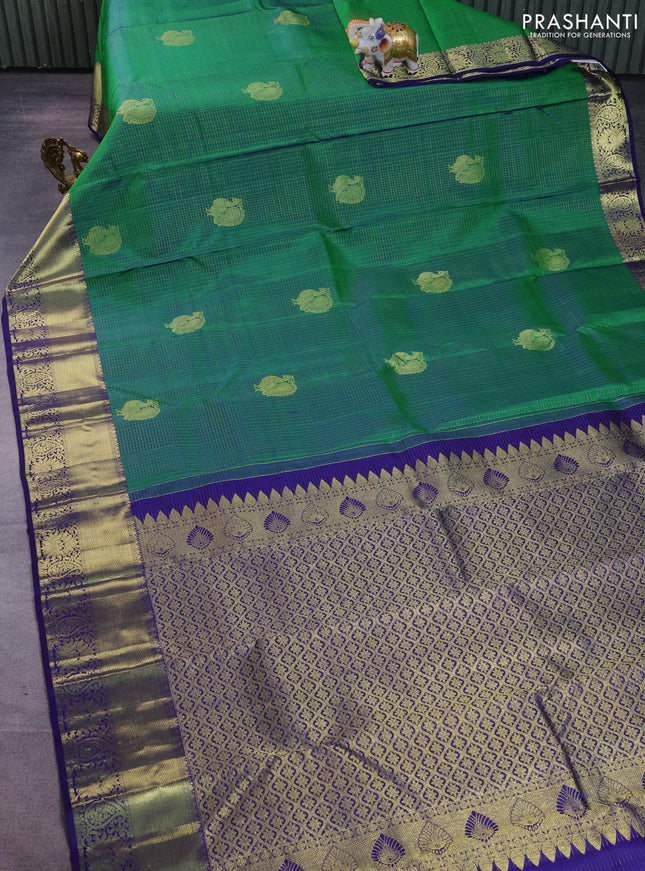 Pure kanchipuram silk saree green and navy blue with allover zari checks & buttas and zari woven border