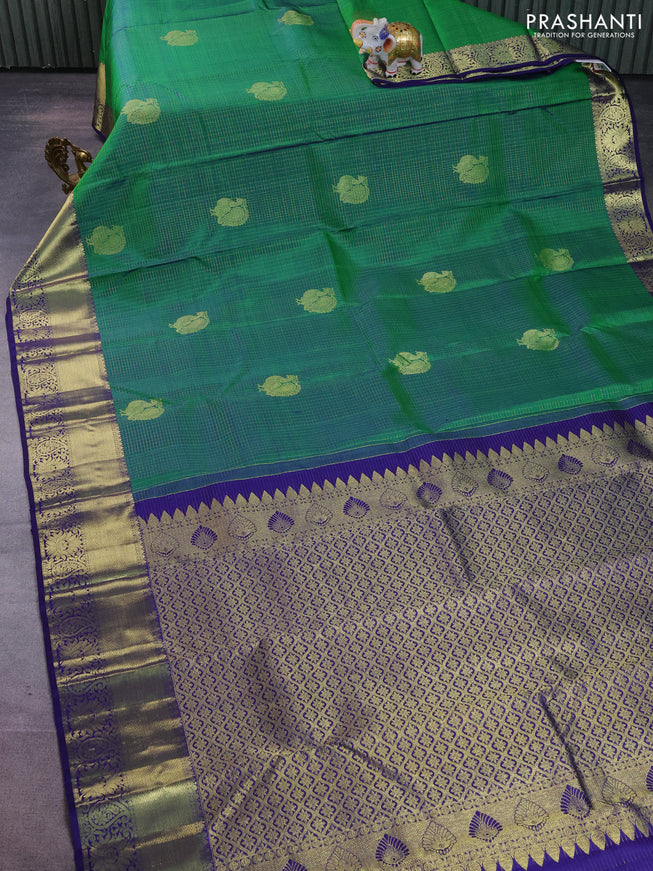 Pure kanchipuram silk saree green and navy blue with allover zari checks & buttas and zari woven border
