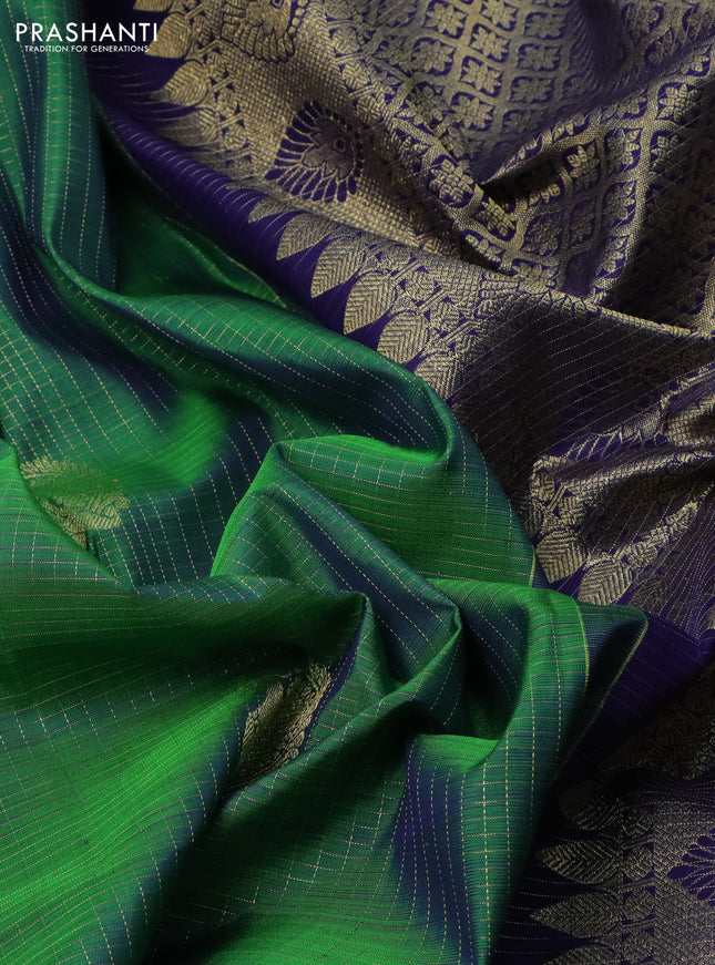 Pure kanchipuram silk saree green and navy blue with allover zari checks & buttas and zari woven border