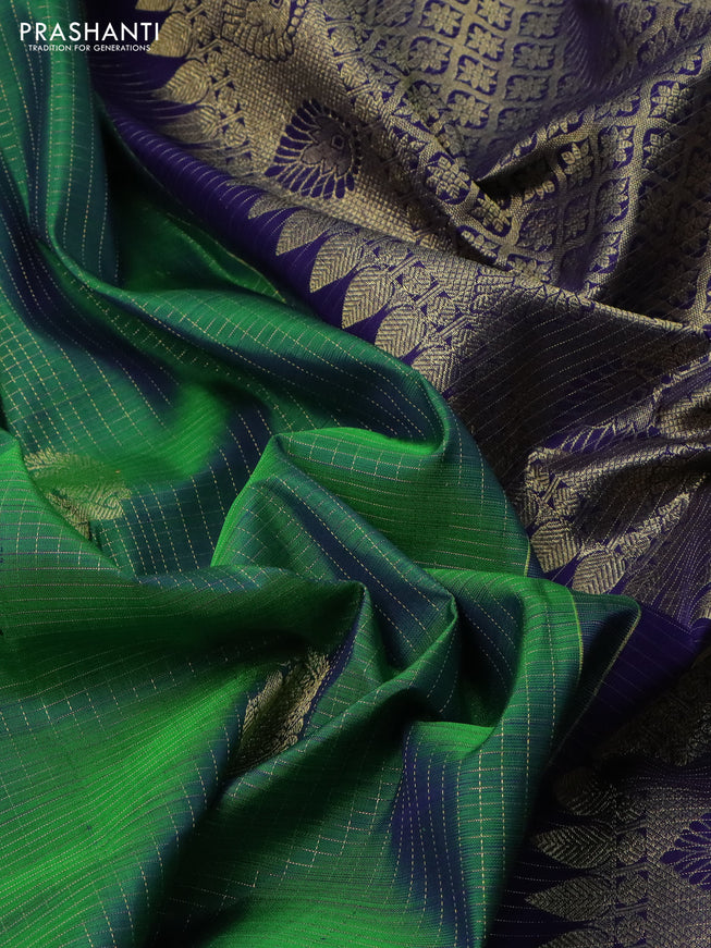 Pure kanchipuram silk saree green and navy blue with allover zari checks & buttas and zari woven border