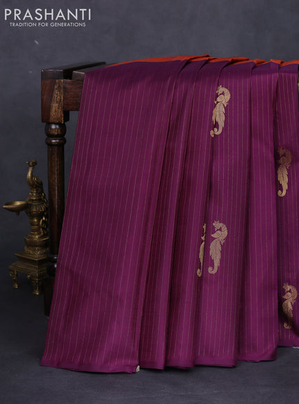 Pure kanchipuram silk saree rust shade and deep purple with half & half style and rich zari border