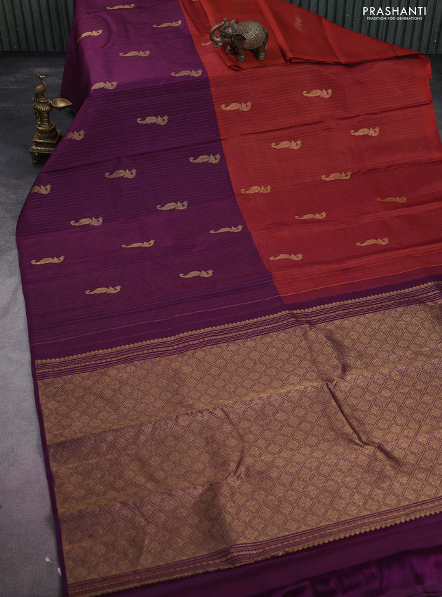 Pure kanchipuram silk saree rust shade and deep purple with half & half style and rich zari border