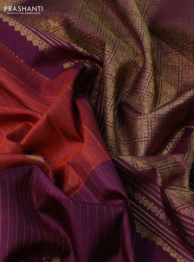 Pure kanchipuram silk saree rust shade and deep purple with half & half style and rich zari border