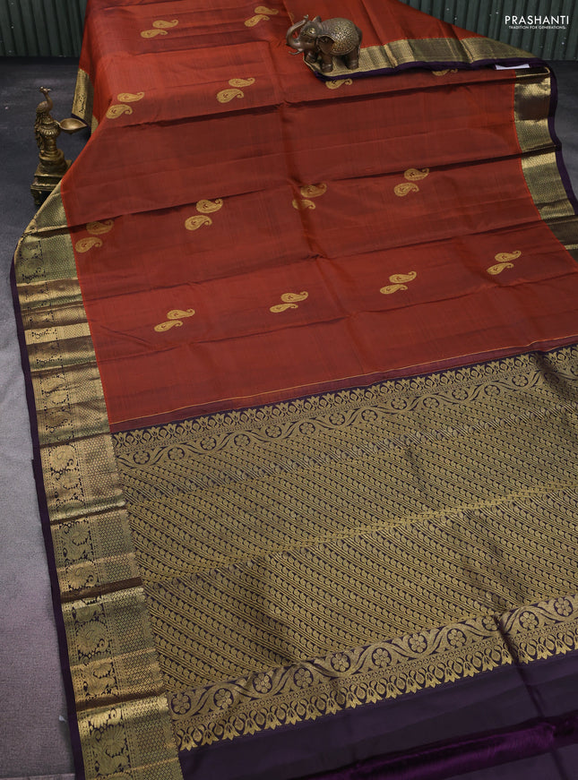 Pure kanchipuram silk saree rustic orange and deep jamun with paisley zari woven buttas and annam zari woven border