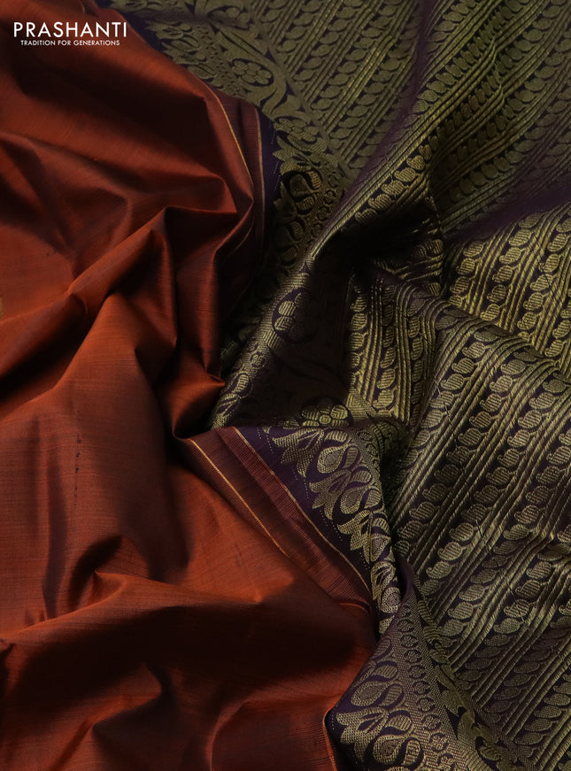 Pure kanchipuram silk saree rustic orange and deep jamun with paisley zari woven buttas and annam zari woven border