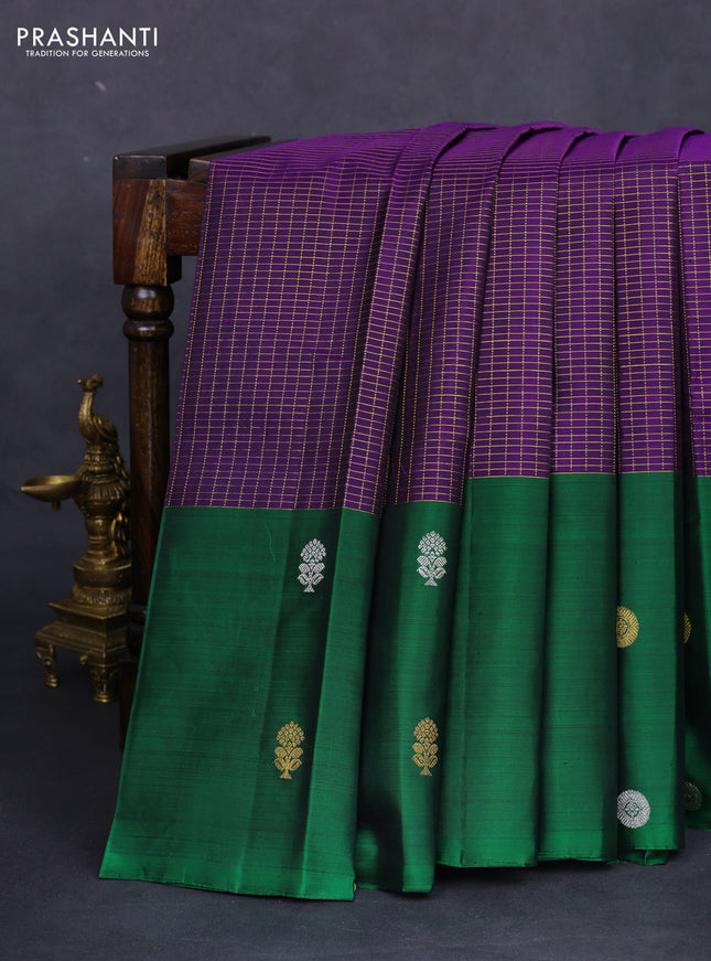 Pure kanchipuram silk saree violet and green with allover small zari checks and silver & gold zari butta border