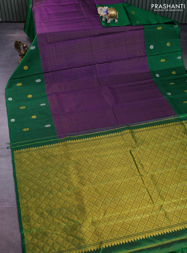 Pure kanchipuram silk saree violet and green with allover small zari checks and silver & gold zari butta border