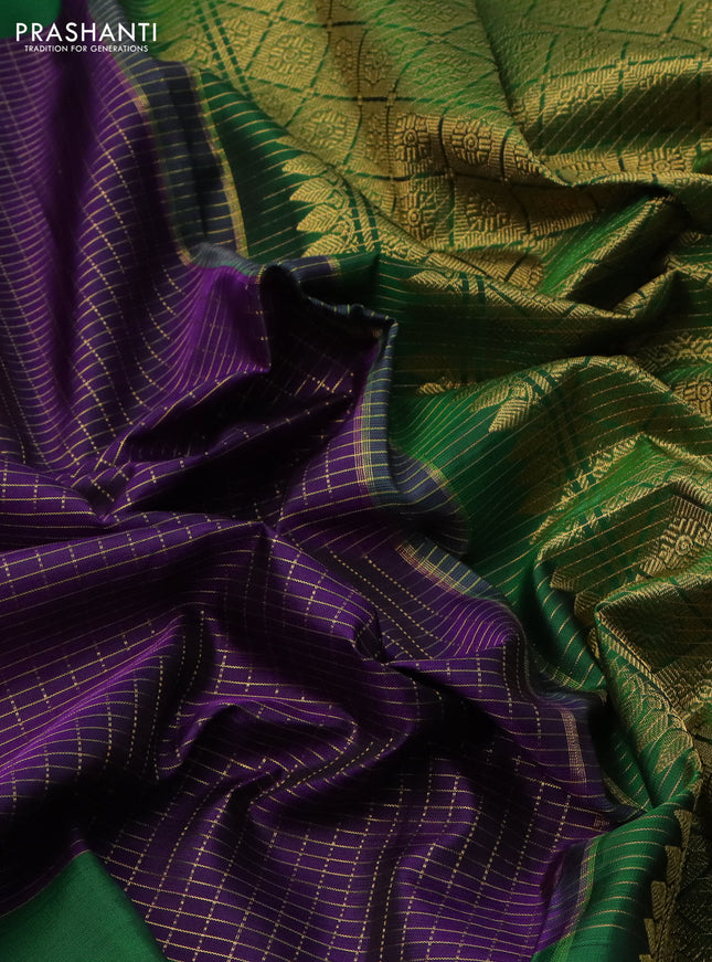 Pure kanchipuram silk saree violet and green with allover small zari checks and silver & gold zari butta border