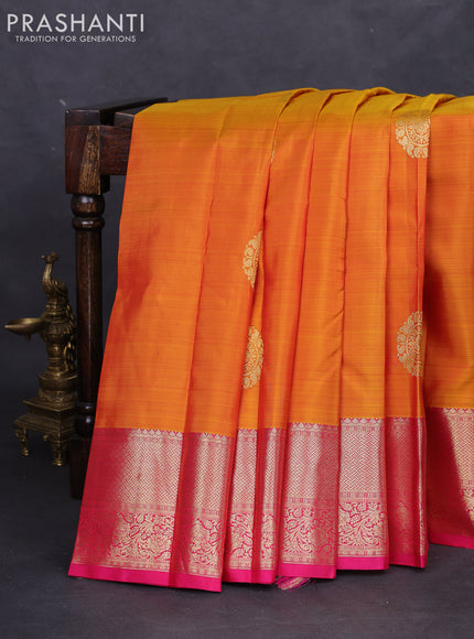 Pure kanchipuram silk saree mustard yellow and pink with zari woven buttas and zari woven border