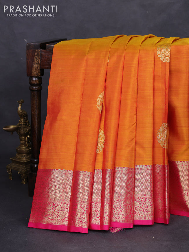 Pure kanchipuram silk saree mustard yellow and pink with zari woven buttas and zari woven border