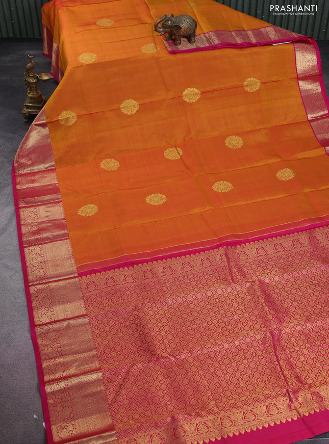 Pure kanchipuram silk saree mustard yellow and pink with zari woven buttas and zari woven border
