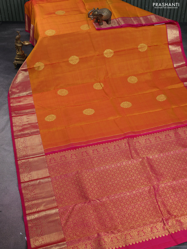 Pure kanchipuram silk saree mustard yellow and pink with zari woven buttas and zari woven border