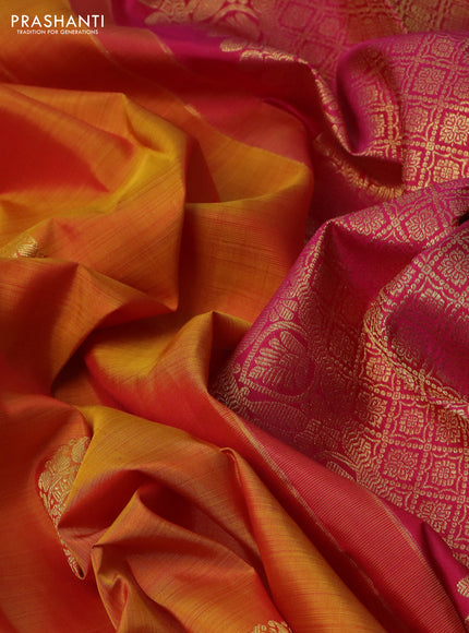 Pure kanchipuram silk saree mustard yellow and pink with zari woven buttas and zari woven border