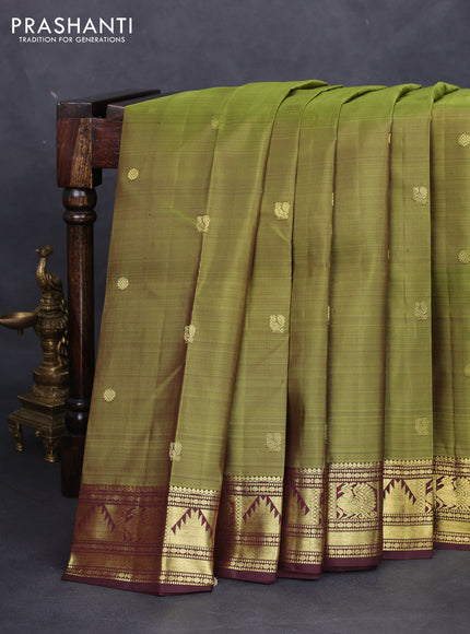 Pure kanchipuram silk saree mehendi green and maroon with zari woven buttas and annam zari woven border
