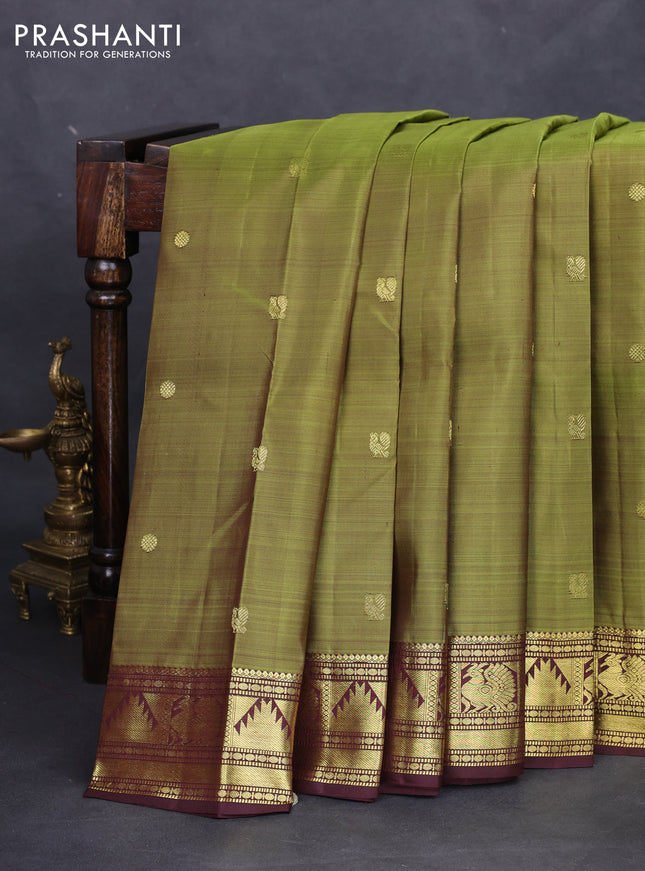 Pure kanchipuram silk saree mehendi green and maroon with zari woven buttas and annam zari woven border