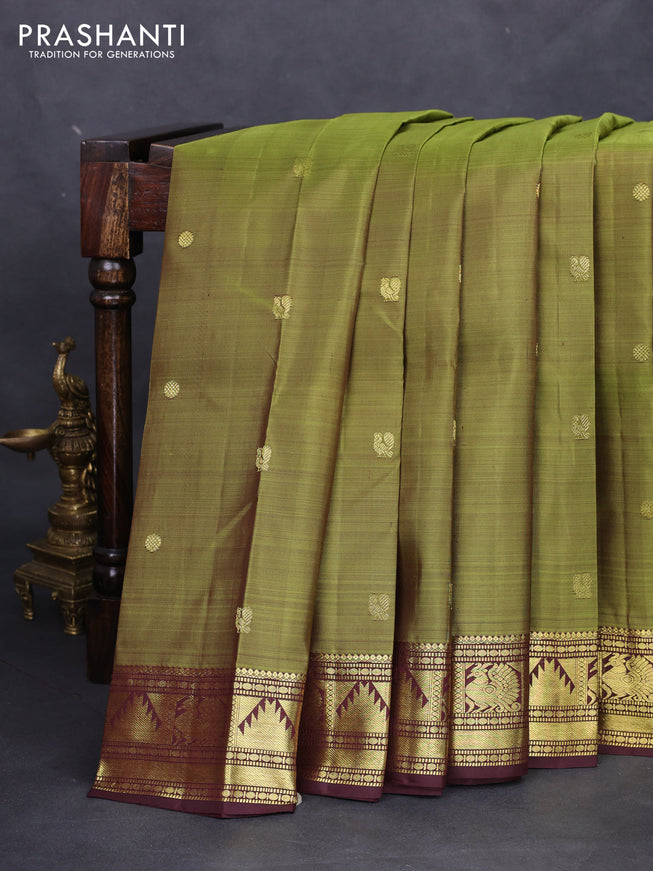 Pure kanchipuram silk saree mehendi green and maroon with zari woven buttas and annam zari woven border