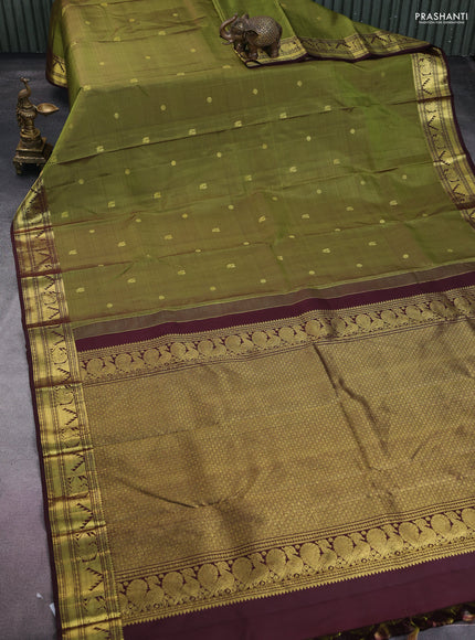 Pure kanchipuram silk saree mehendi green and maroon with zari woven buttas and annam zari woven border