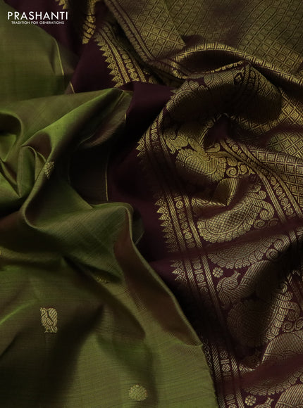 Pure kanchipuram silk saree mehendi green and maroon with zari woven buttas and annam zari woven border