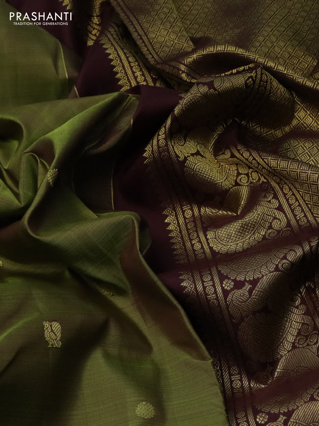 Pure kanchipuram silk saree mehendi green and maroon with zari woven buttas and annam zari woven border