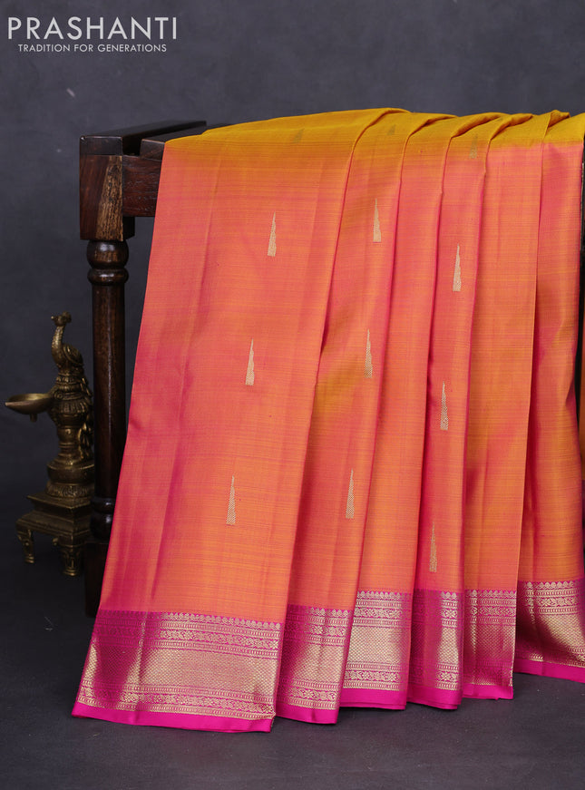 Pure kanchipuram silk saree dual shade of mustard yellow and pink with zari woven buttas and zari woven border